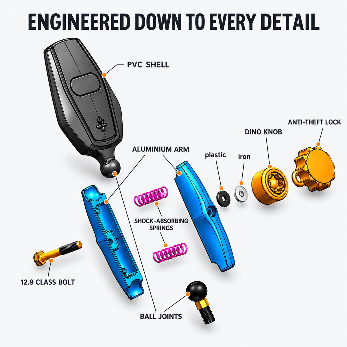 SPIKI Adventure 5.0 Nomad Series Motorcycle Mirrors | Anti-Theft Lock, Dino Knob & Shock-Absorbing Springs