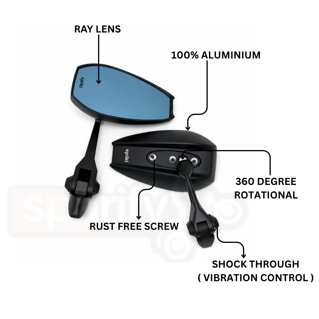 SPIKI Napoleon Ray Mirrors (Pair) | Anti-Glare Oval Mirrors with Short Stem | Anti-Shock | Universal Fit for Motorcycles & Scooters