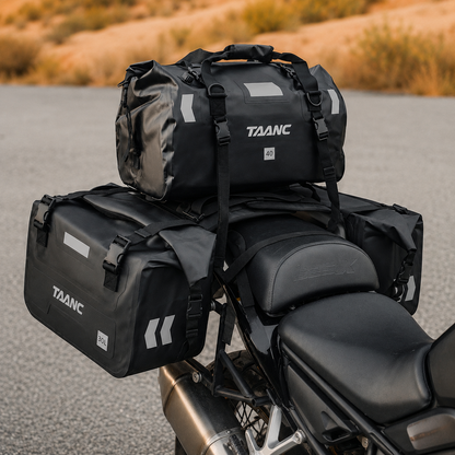 TAANC Hypertourer Combo – Waterproof Motorcycle Luggage Set with 40L Tail Bag, 30L Saddle Bags, Bumper Bag Pair & Thigh Bag - BLACK