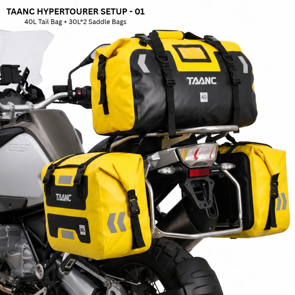TAANC Terra Series Hypertourer Setup - 01 Waterproof Motorcycle Luggage Combo | 40L Tail Bag + 30L x 2 Saddle Bags | 100L Adventure Touring Setup | Yellow