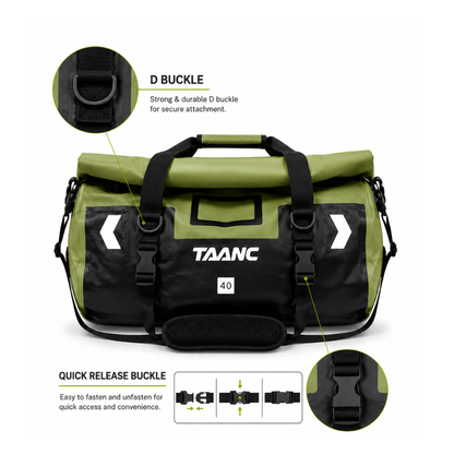 TAANC 40L Waterproof Motorcycle Tail Bag for Bike Touring, Adventure Riding, Camping & Travel | Universal Rear Seat Luggage | Terra Series | Green /Black