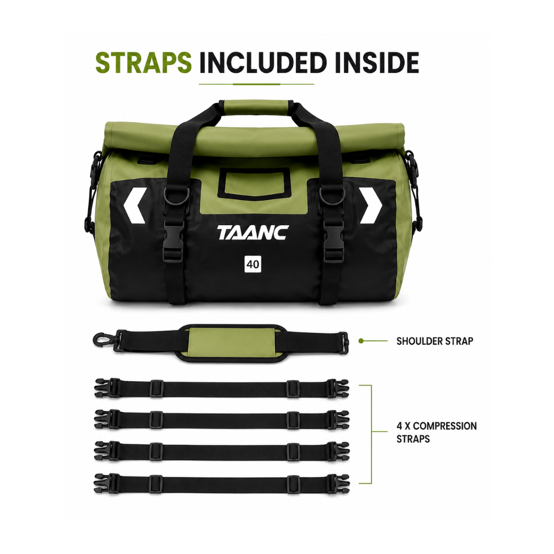 TAANC 40L Waterproof Motorcycle Tail Bag for Bike Touring, Adventure Riding, Camping & Travel | Universal Rear Seat Luggage | Terra Series | Green /Black