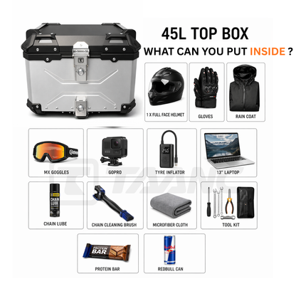 TAANC Nomad Atlas Top Box – Aero Silver | 45L Aluminium MC Motorcycle Touring Storage Box