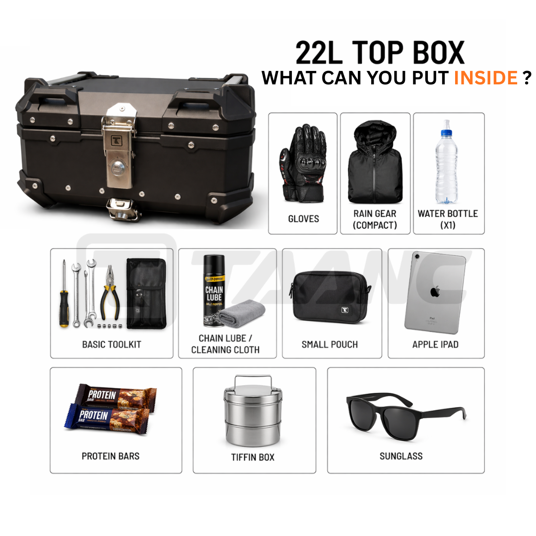 TAANC Urban Swift Top Box – Stealth Black | 22L Compact WP Motorcycle Storage Box for Daily Use