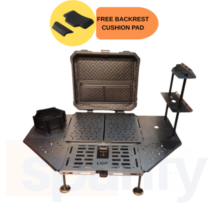 Alpha tourer | Foldable Multi-functional Camping Motorcycle Top Box | 55 litres | Aluminium | Armoured Camping Dining Table (with Backrest cushion pad) - LGP