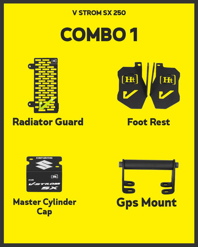COMBO 1 V STROM SX 250 Radiator Guard + Foot Rest + Master Cylinder Cap + GPS Mount – HT EXHAUST